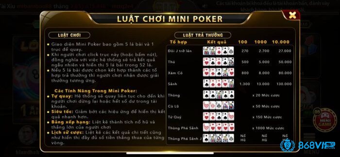 Tỷ lệ thưởng quy định trong luật chơi Mini Poker